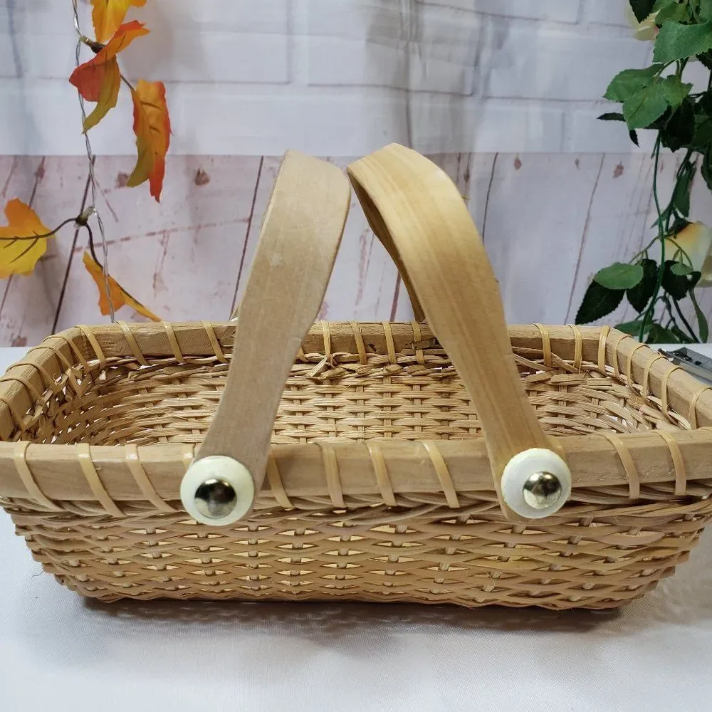 Small Rectangular Rattan Storage Basket w/ Handles Natural Blonde Coastal Decor